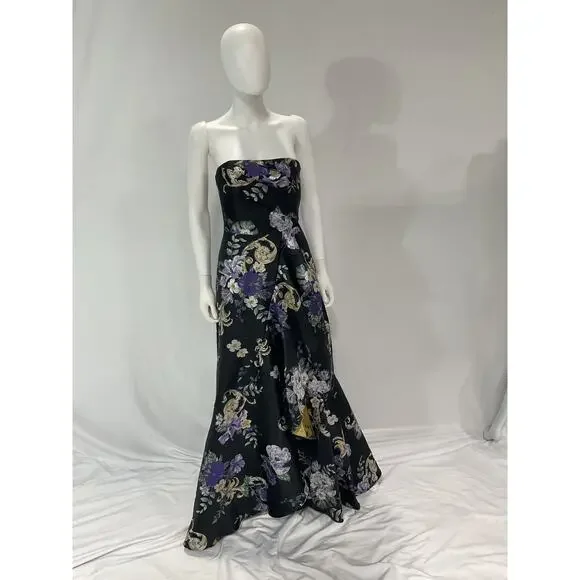 Marchesa Notte 'Strapless' Black Metallic Floral-Jacquard Gown Size 2 Dresses